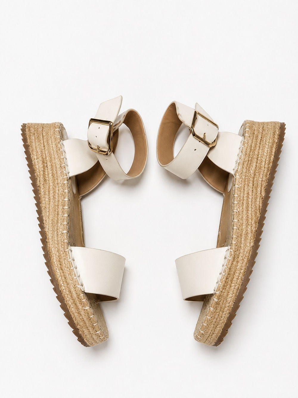ANTONIO MELANI Size 8 Cream Leather Wedge Sandals Gold Buckles